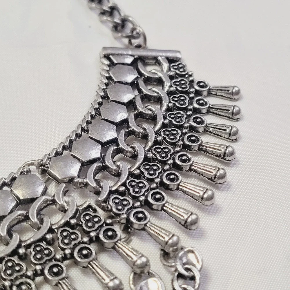 Women's Statement Bib Necklace OS Silver Rhinestone Tiered Boho Crystal U46